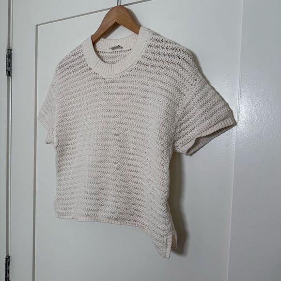 Abercrombie & Fitch Top Womens Sz M White Crochet Open Knit Short Sleeve Cotton - Picture 2 of 10